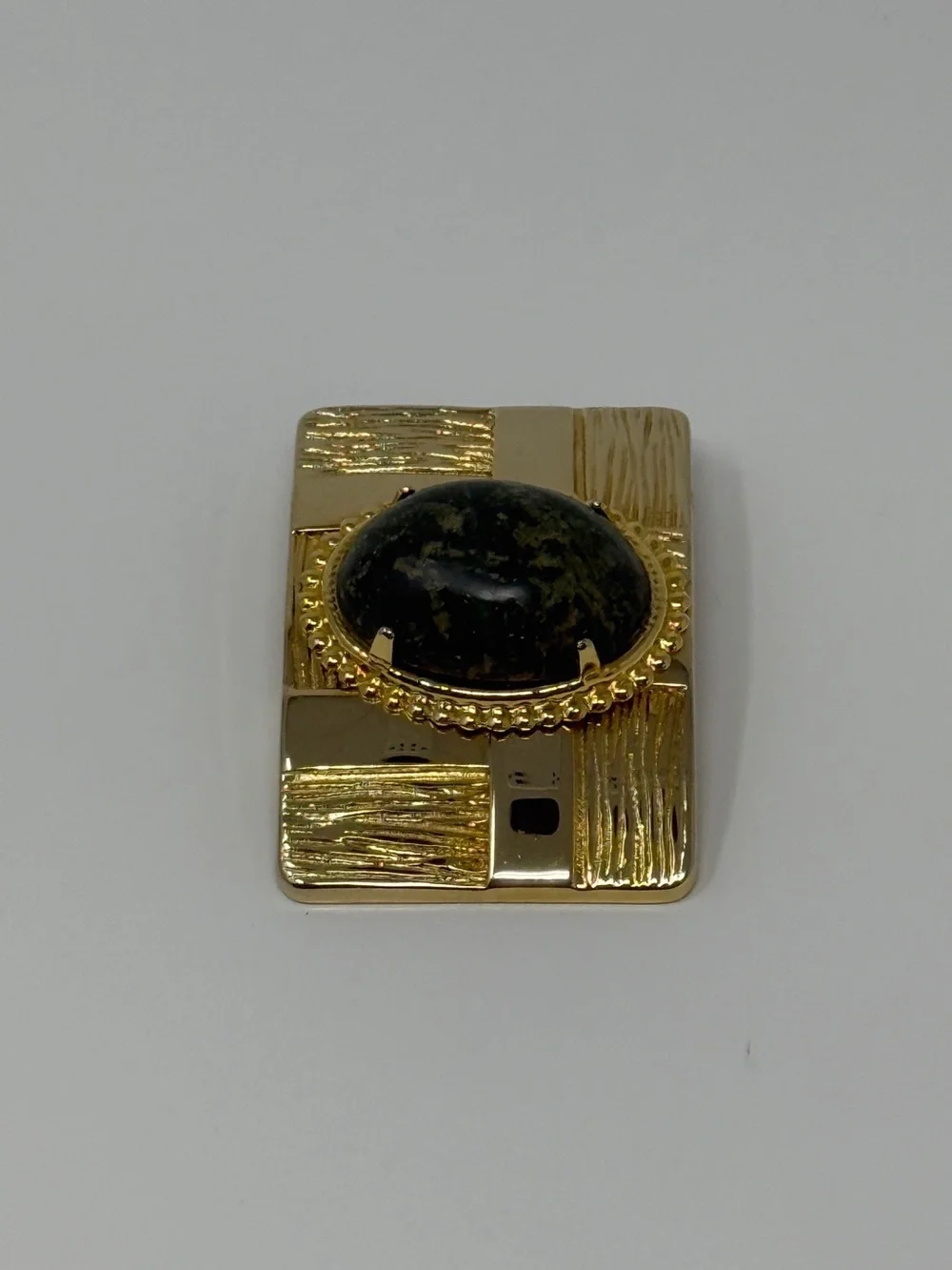 Vintage Gold Tone Belt Buckle Statement Green Stone Cabochon Rectangle Textured